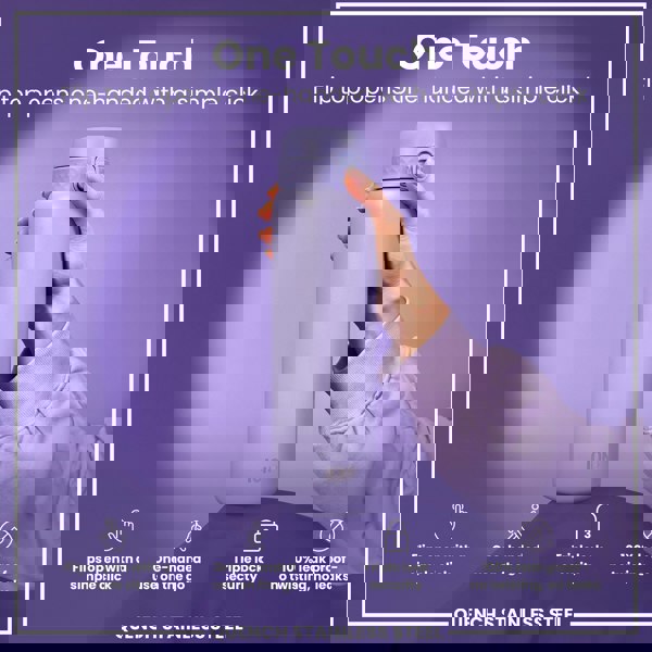 A lavender stainless steel water bottle is being held; its flip top opens with a single click. The bottle is shown against a purple background, advertising one-handed use, triple lock security, and a leak-proof design.