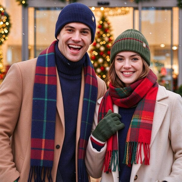 Obasyhig Christmas Check Knitted Hat Scarf and Gloves 3 Piece Set