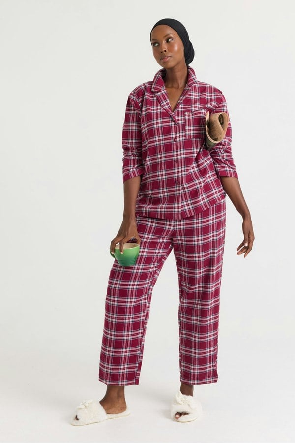 Plaid Long Pyjama Set in Bordeaux - Pajamas