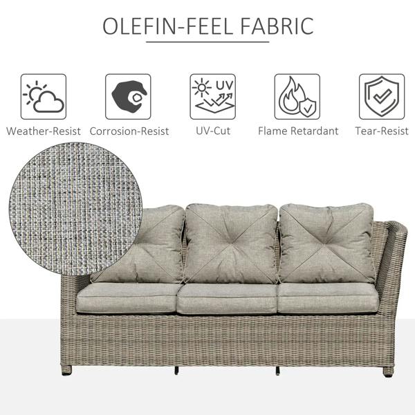 Grey outdoor sofa with tufted seat and back cushions on PE rattan frame