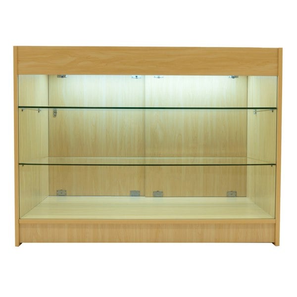 Maple Apollo LED shop counter set with glass shelves, featuring a sleek design and warm wood finish, ideal for retail displays