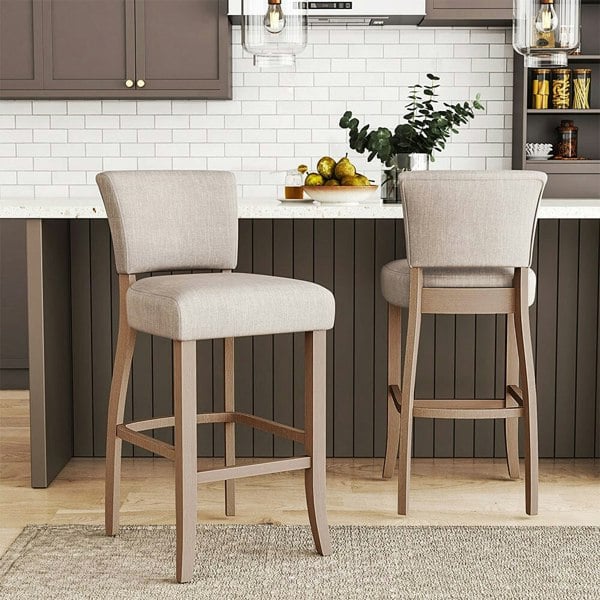 105cm Height Set of 2 Linen Bar Stool with Natural Wood Legs Bar Stools Living and Home Floral White