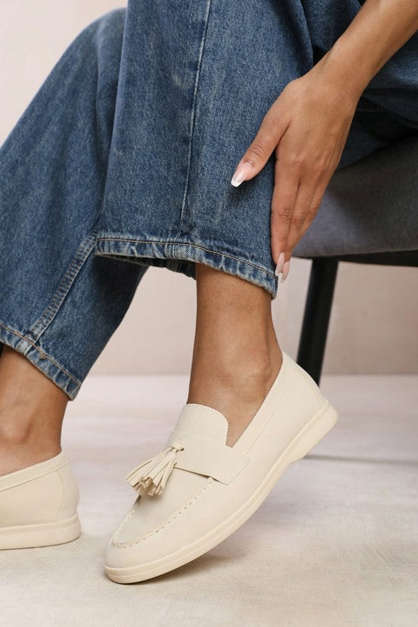 Where's That From Kenya Wide Fit Slip on Loafer With Tassel Detailing in Beige Suede