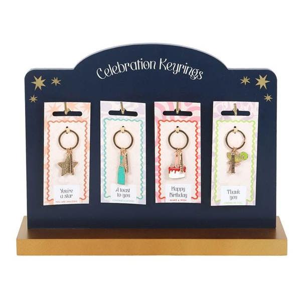 Blue keyring display card with 4 hanging celebration keychains on hooks