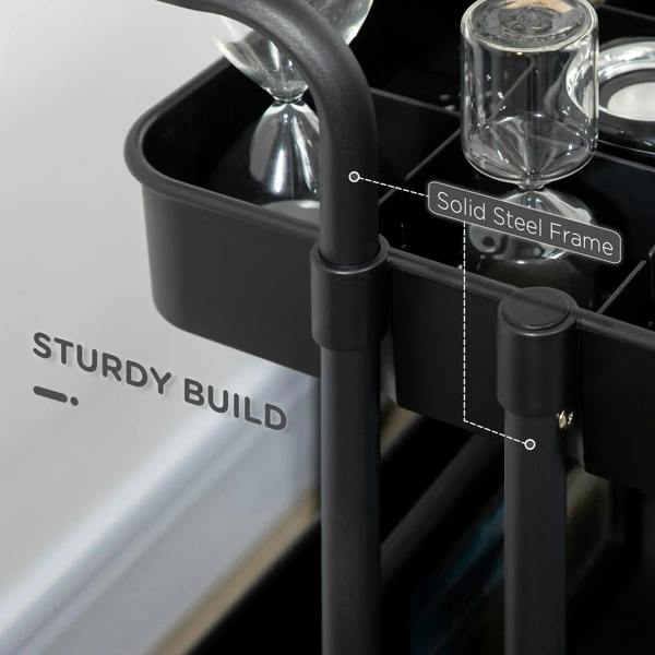 Black trolley frame with sturdy upright bars and side storage bin