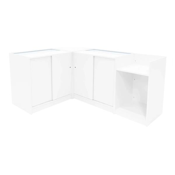 Europa LED Shop Counter Set in white, featuring sleek design, glass display tops, and ample storage with smooth surfaces and modern aesthetics