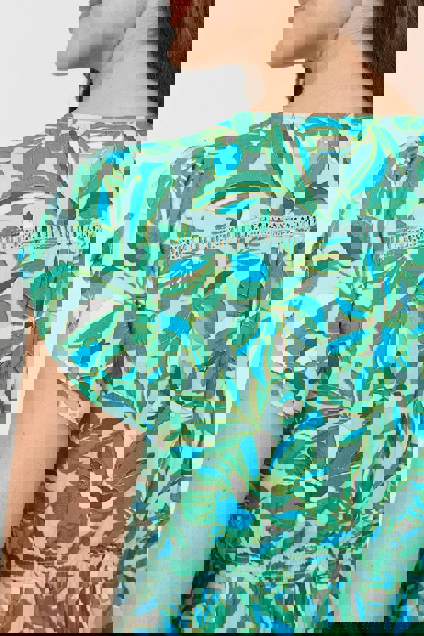 Green | Leaf Print Cap Sleeve Lace Trim Midi Dress
