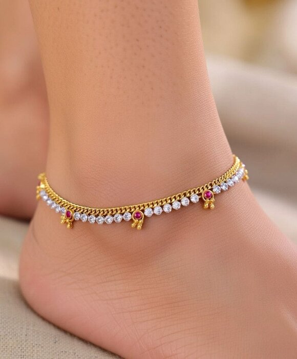 The Colourful Aura Gold Plated Crystal Stone Dangle Charm Payal Anklet