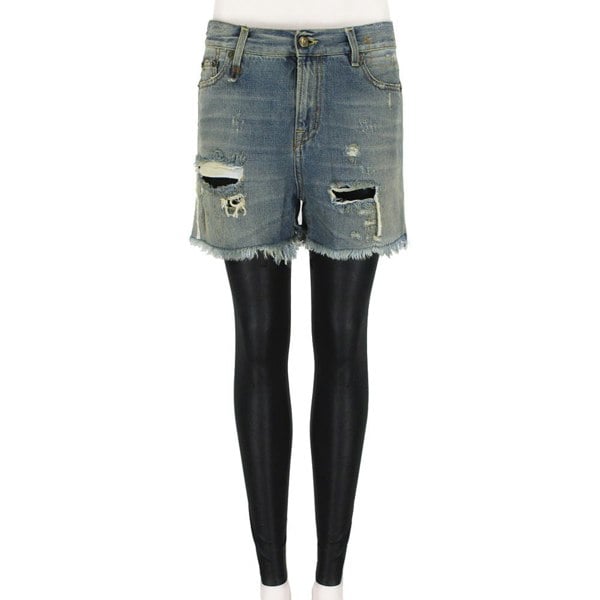R13 washed Japanese selvedge denim shorts with attached leather leggings