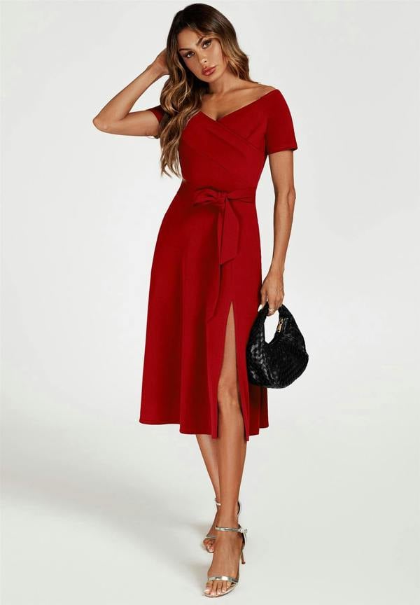 FS Collection Bardot Midi Dress In Red