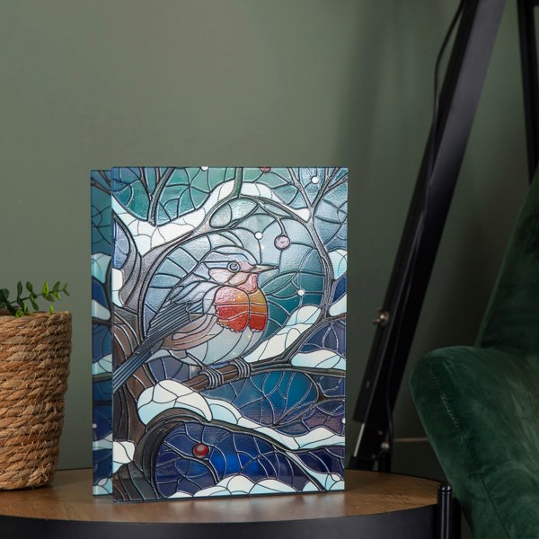 Samuel Alexander 28cm Battery Powered Light up Stained Glass Christmas Decoration with Robin & Warm White LEDs