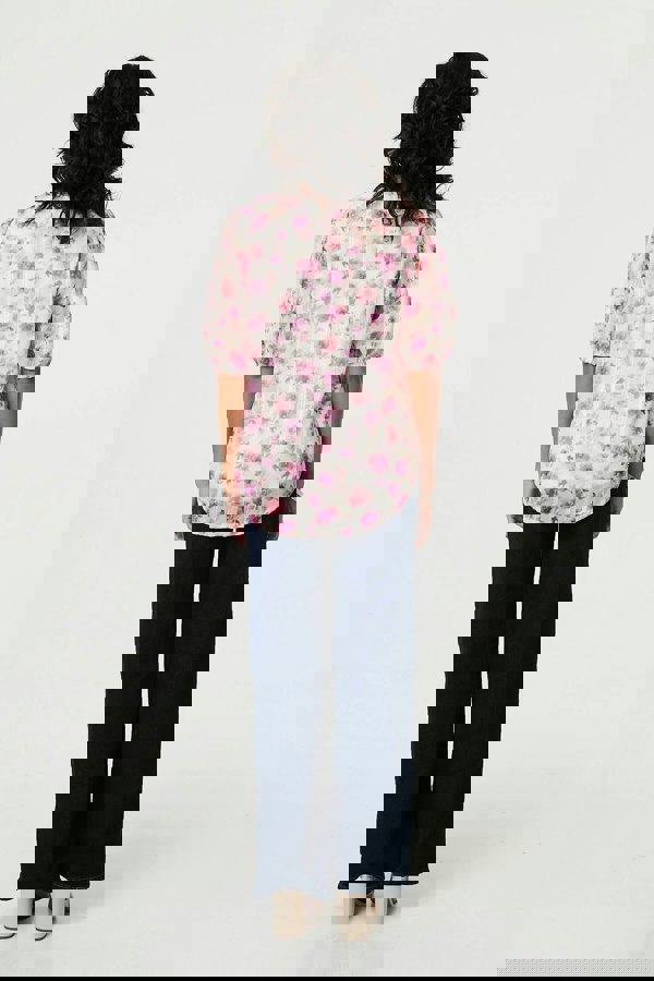 Pink | Floral 1/2 Sleeve Semi Sheer Blouse
