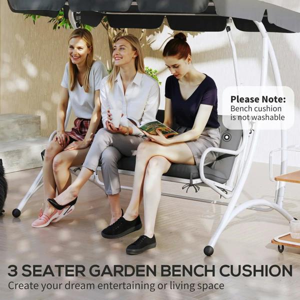 Dark grey bench cushion with backrest and tufted seat for outdoor use