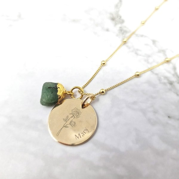 Harfi 18ct Gold Vermeil Plated Birth Flower, Birthstone And Name Necklace