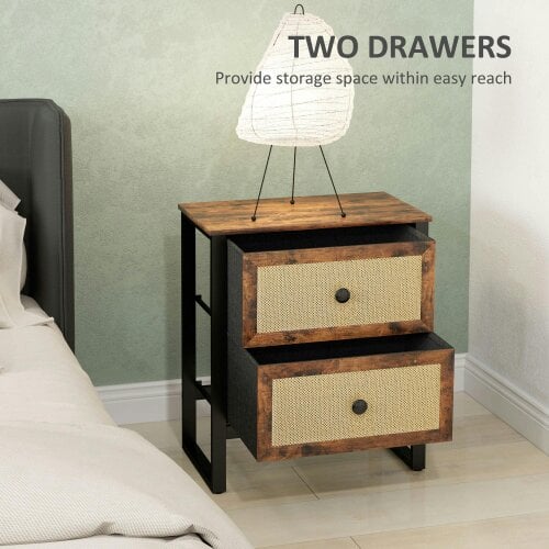 Wyld Haus Mata Coyo Brown Industrial Bedside Table Wicker 2 Drawers