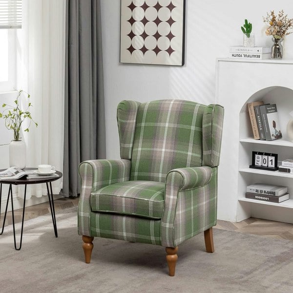 Furniture One Wingback Tartan Armchair, Retro Accent Chair Soft Padded Fabric Lounge Padded Sofa Chair with  Solid Wood Frame