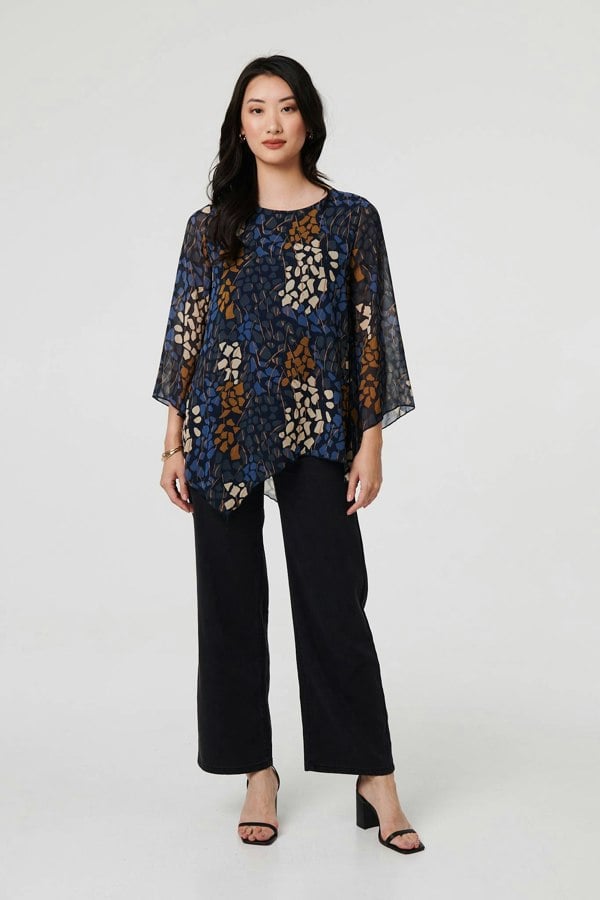 Navy | Printed Handkerchief Hem Longline Blouse
