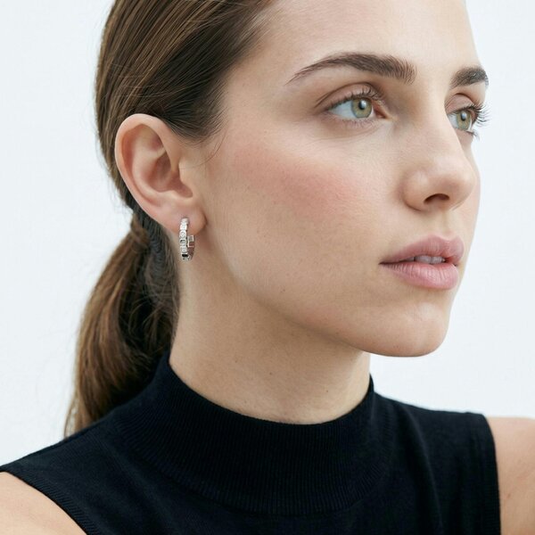 Uchi & Soto Shikaku Stone Silver Huggie Hoop Earrings