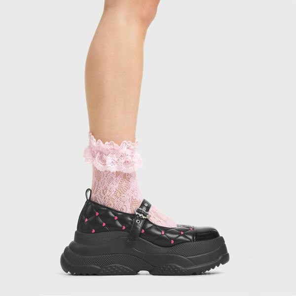 Lamoda Devotion Black PU Pink Heart Platform Boots Chunky Stylish Shoes