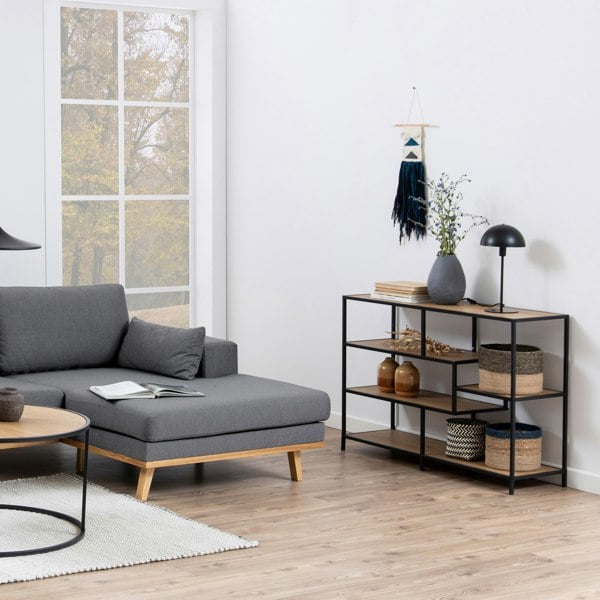 Furniture To Go Seaford Wide Black Metal Bookcase with 4 Oak Shelves