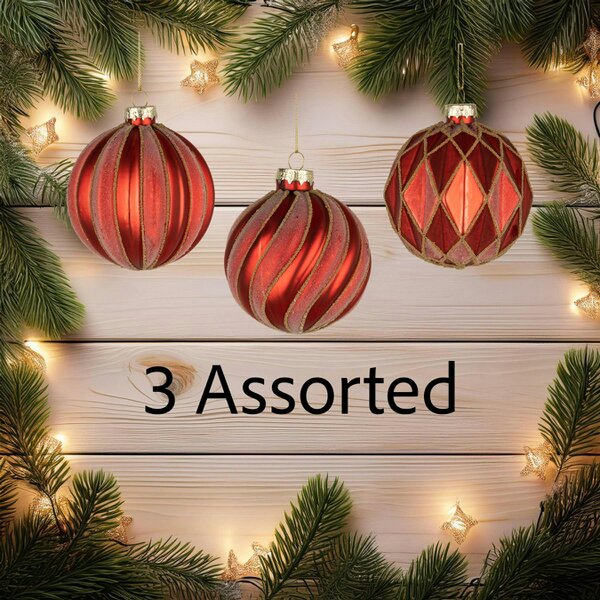 Shatchi 8cm Red Glass Christmas Baubles, 12 Pack with Assorted Festive Designs for Tree Decoration