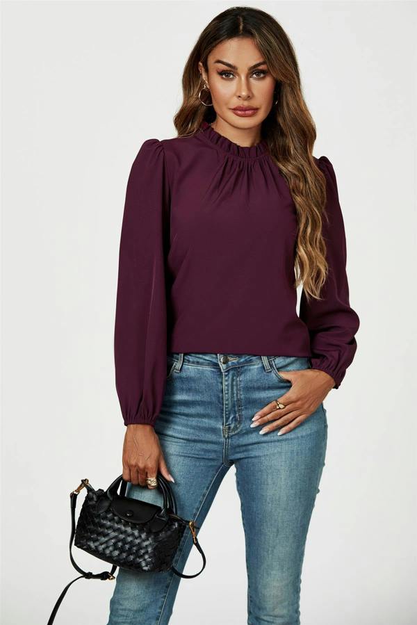 FS Collection Frill Detail High Neck Top In Plum