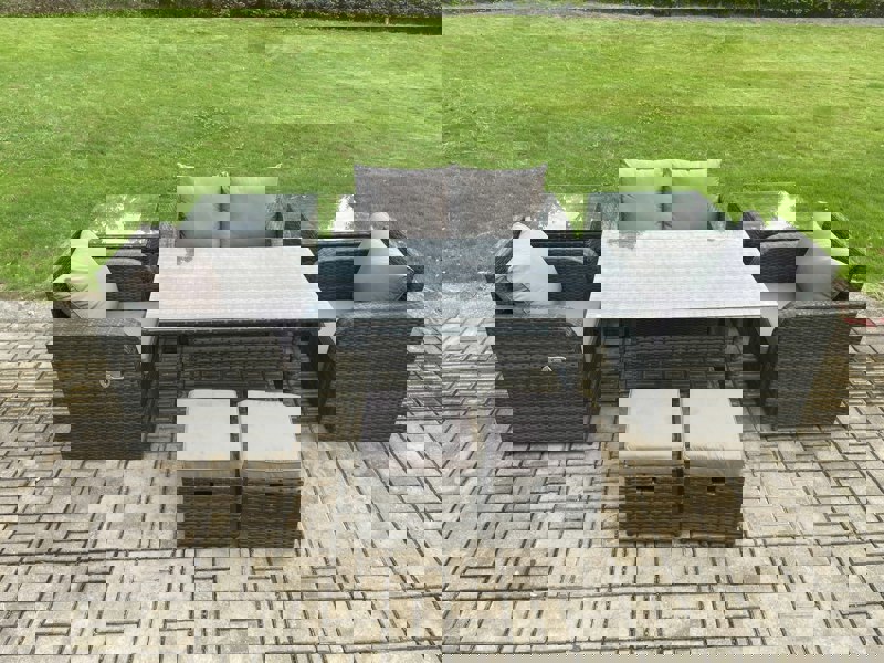 Fimous Rattan Outdoor Garden Furniture Set Rectangular Dining Table and Chair Sofa Set With 2 Side Tables 2 Small Footstools Dark Grey Mixed