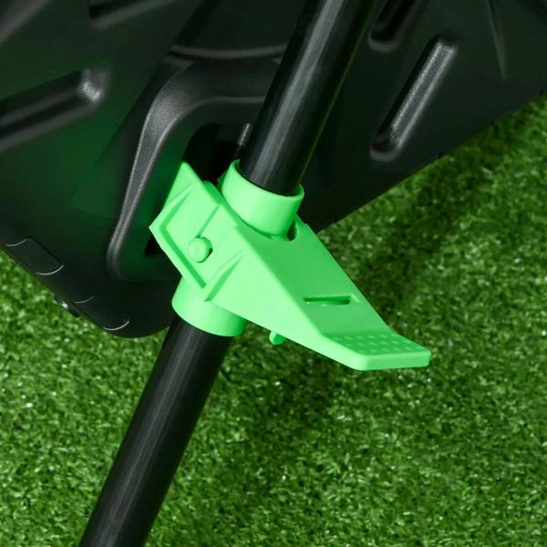 Green chute lever on a black compost bin side, for controlling discharge