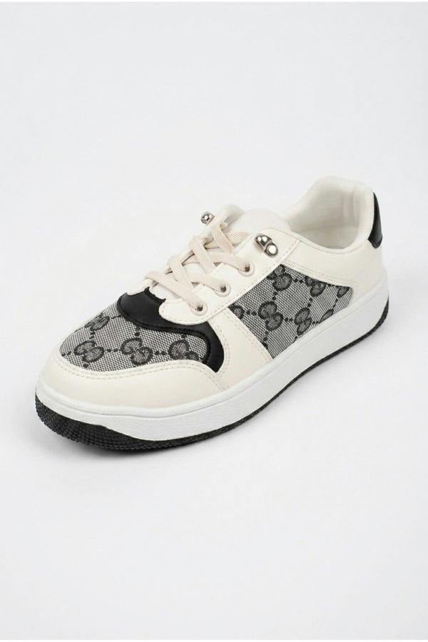 Pearl Patterned Panel Lace Up Trainers - Black