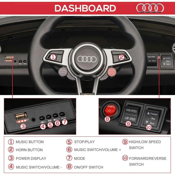 Audi TT RS ride-on car dashboard with steering wheel and labeled control buttons