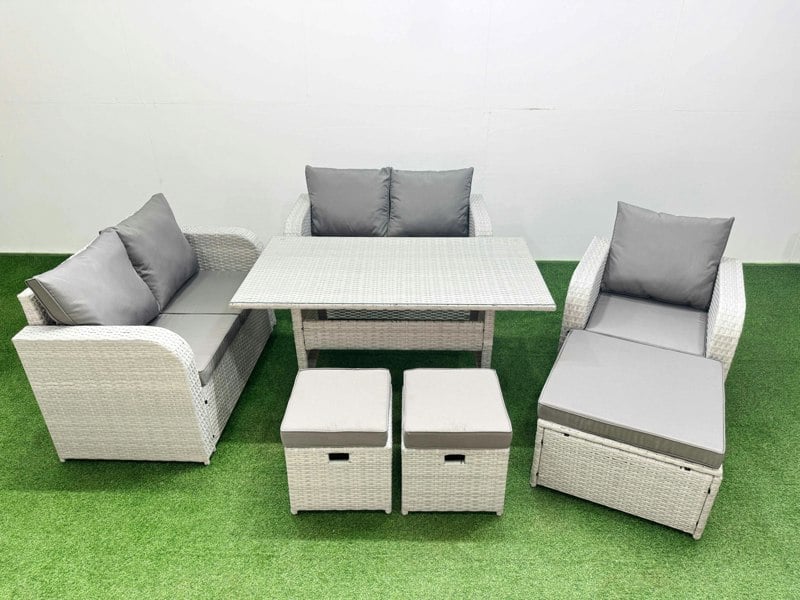 Fimous High Back Poly Rattan Garden Furniture Set - Light Grey Indoor/Outdoor Patio Set with Reclining Chair & Dining Table