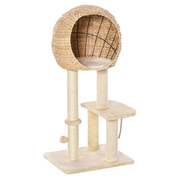 Beige cat climbing tower with round sisal condo and top perch