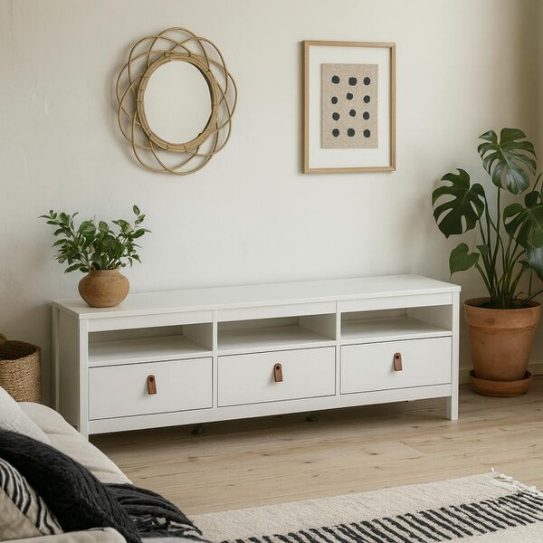 Wyld Haus Wildberry Matt White Wooden TV Unit 3 Drawers Leather Handles