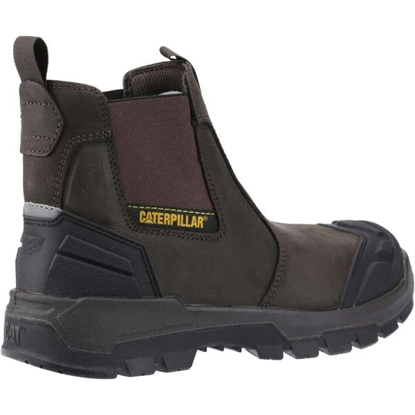 Caterpillar Striver XL Mens Pull-On Waterproof S7 Safety Dealer Boots, black work boots with slip-on design, sturdy toe cap, rugged outsole, and Caterpillar logo.