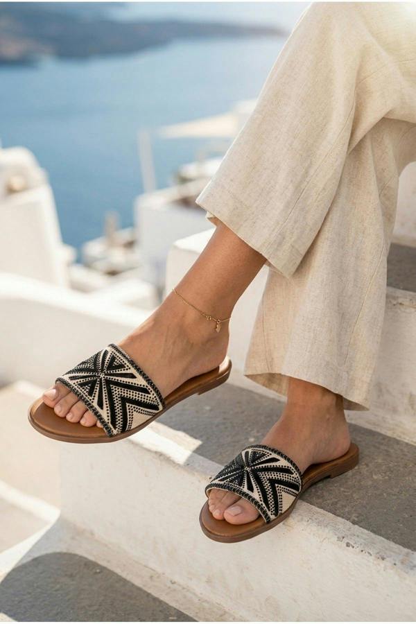 Octavia Geometric Woven Strap Sliders - Black