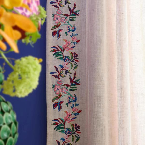 Sophie Robinson Flourish Floral Embroidered Tab Top Voile Curtain Panel Bright