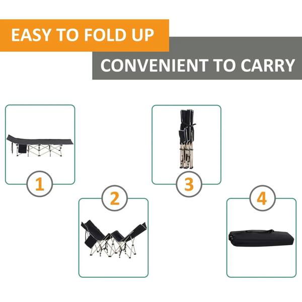 Folded black camping cot with carrying bag for convenient transport