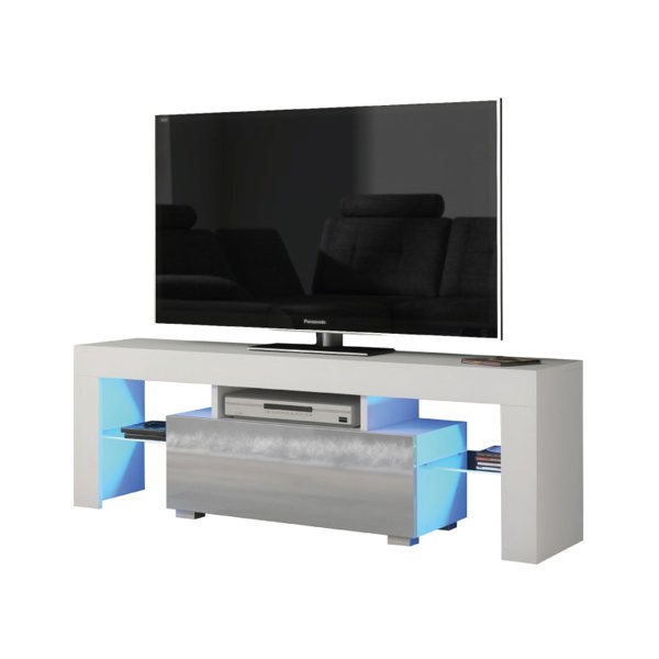 Mex Furniture 130cm TV Unit Cabinet with Grey High Gloss Doors, Free LED and Storage