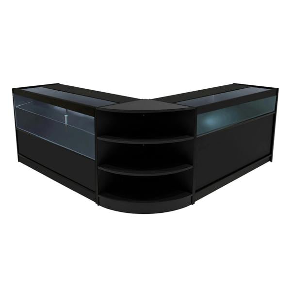 Harmonia LED Shop Counter Set in black featuring sleek glass displays, curved design, and ample shelving for products