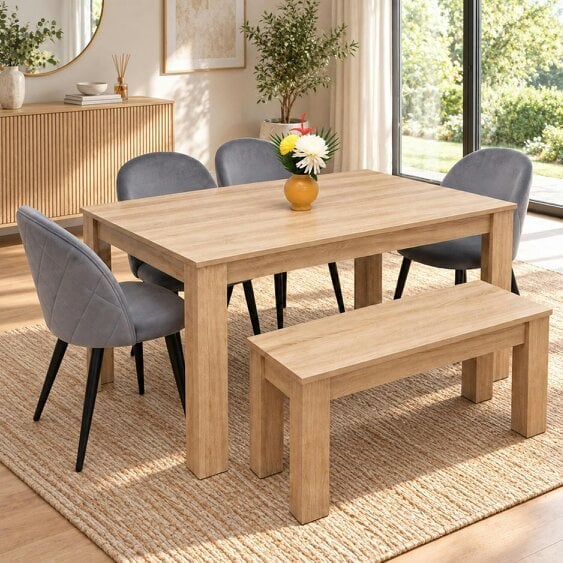 Kosy Koala Light Oak Effect Dining Table Set with 4 Grey Velvet Chairs & Bench, 140x80x75cm