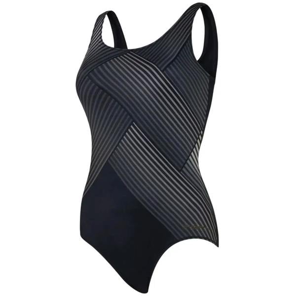 Zoggs Seafarer Scoopback Swimsuit in black and gray stripes with crisscross front