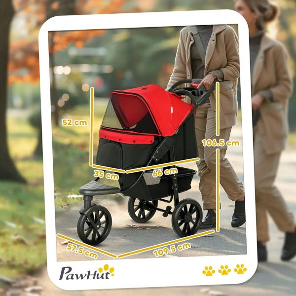Red and black three-wheel pet stroller with canopy shown beside a standing person