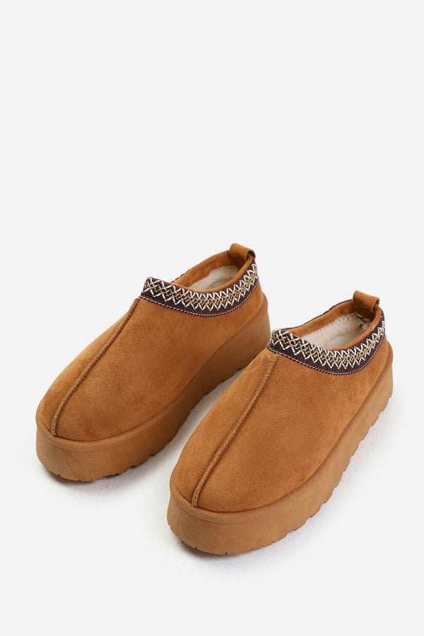 Where's That From Allegra Flatform Embroidered Low Ankle Slipper Boots in Chestnut Suede