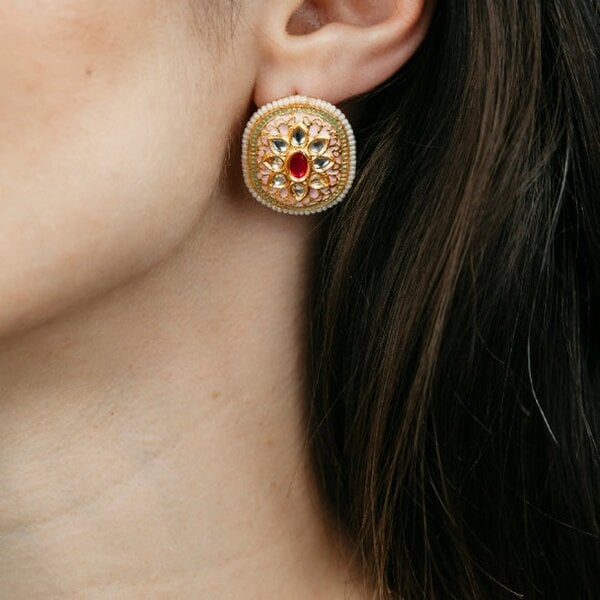The Colourful Aura Pink Floral Indian Meenakari Enamel Kundan Stone Studs Ethnic Earrings