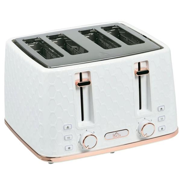 White four-slice honeycomb toaster with four wide slots and two control dials