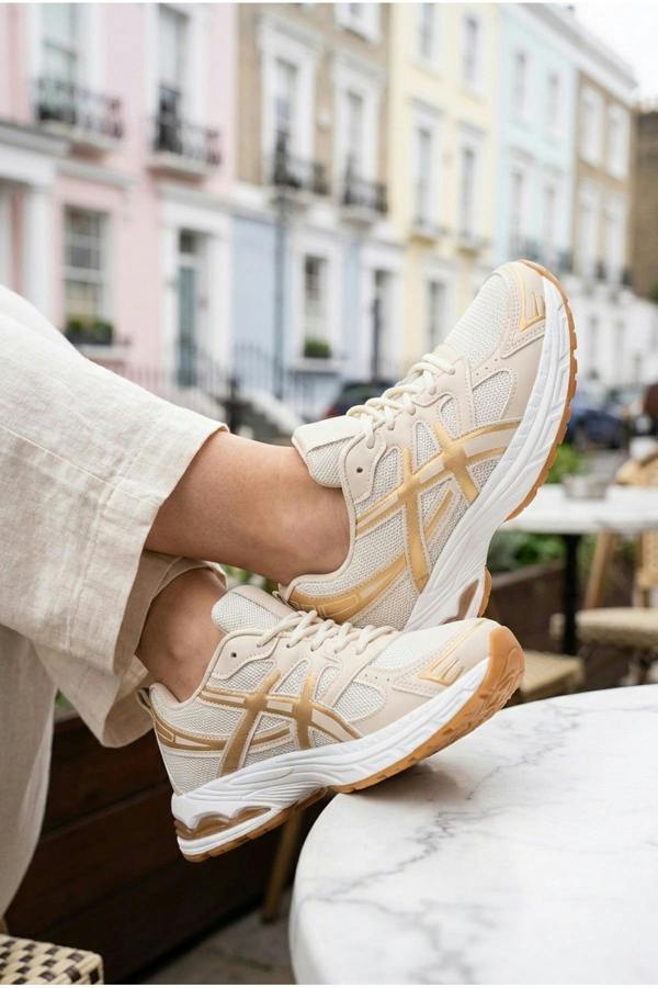 Constance Mixed Media Panelled Trainers - Beige