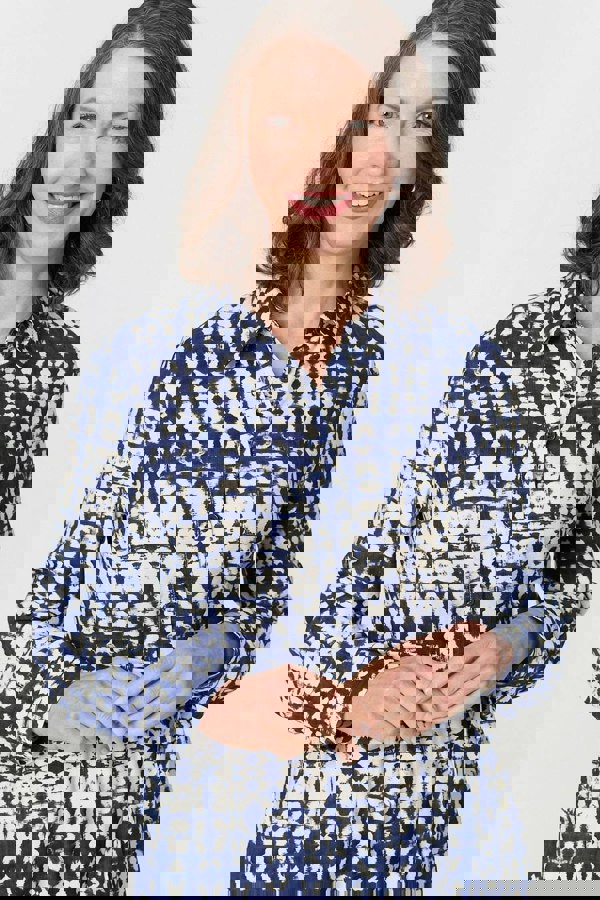 Navy | Printed Tie Front Midi Shirt Dress
