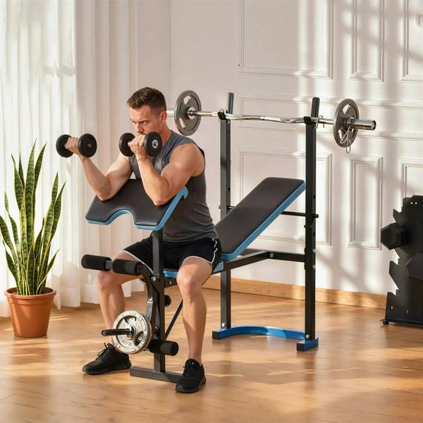 Weight bench with black-and-blue padded seat and back, barbell rack for home gym