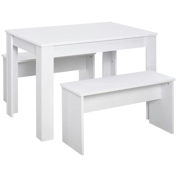 White dining table with two matching benches, simple square legs and smooth tabletop