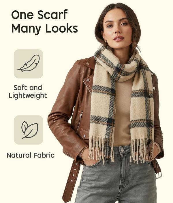 VIA MONTEN Women’s Vintage Plaid Scarf, Oversized Winter Wrap Shawl with Fringe for Cold Weather
